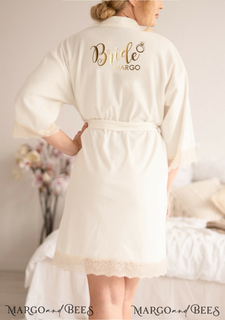 NEWLY WEDS COUPLE GIFTS Bride gifts Custom bespoke wedding velvet Robe, Bride robe White with Gold Foil Text, Elegant Robe