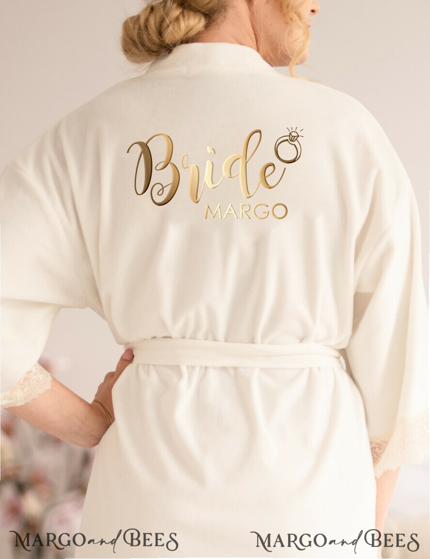 NEWLY WEDS COUPLE GIFTS Bride gifts Custom bespoke wedding velvet Robe, Bride robe White with Gold Foil Text, Elegant Robe