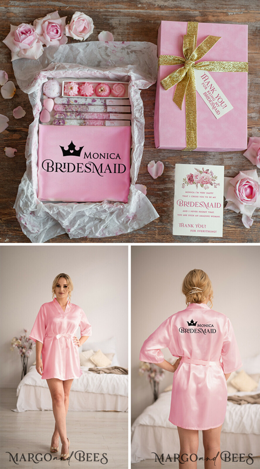 BRIDESMAID/BEST MAN BOX BRIDESMAID THANK YOU Bridesmaid Thank You Box Pink Blush satin robe maid of honor bath salt soap velvet box