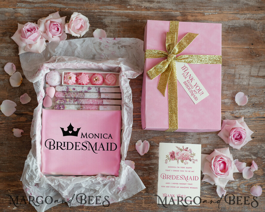 BRIDESMAID/BEST MAN BOX BRIDESMAID THANK YOU Bridesmaid Thank You Box Pink Blush satin robe maid of honor bath salt soap velvet box
