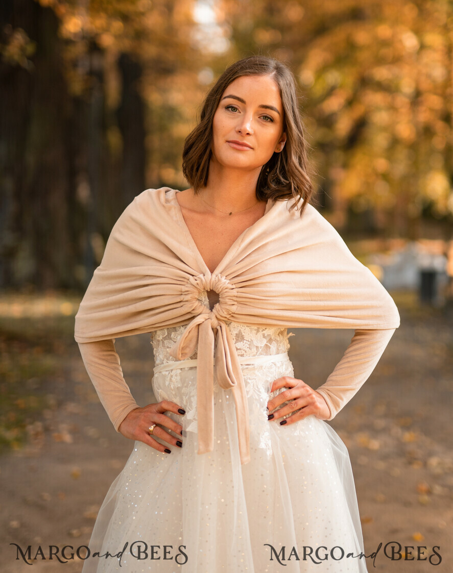 BRIDE bolero, robes, garter WEDDING BOLERO & SHRUGS Nude Velvet Wedding bolero long sleeve,Beige Shrug Women Wedding, Bridal Backless Cover, Jacket for Bride, Velvet Bridal Blouse Bridal Shrug