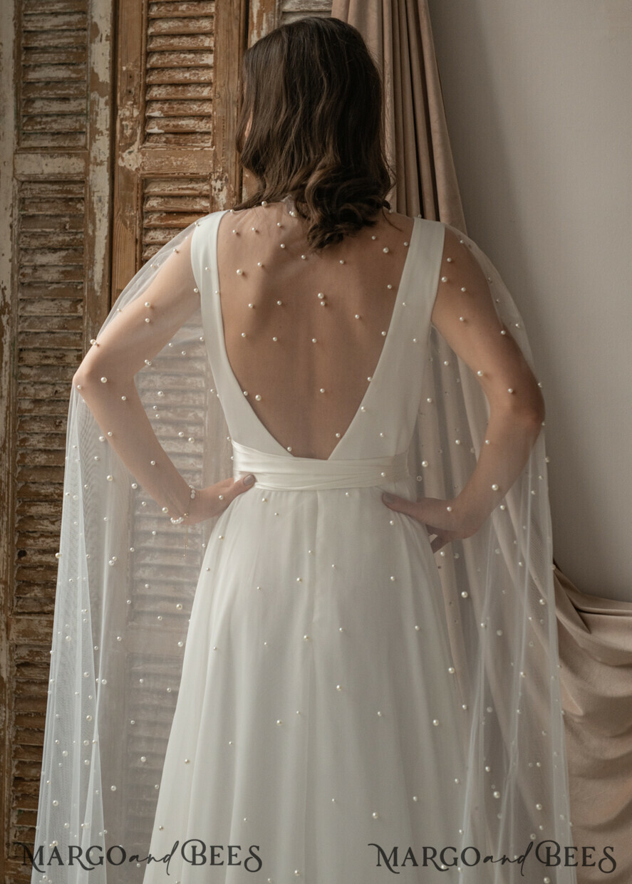 BRIDE bolero, robes, garter WEDDING BOLERO & SHRUGS Wedding Cape Pearls, Wedding Mesh Shrug, Bridal Beaded Tulle wedding Coverup, Wedding Dress Topper with pearls, Bridal Capelet mesh