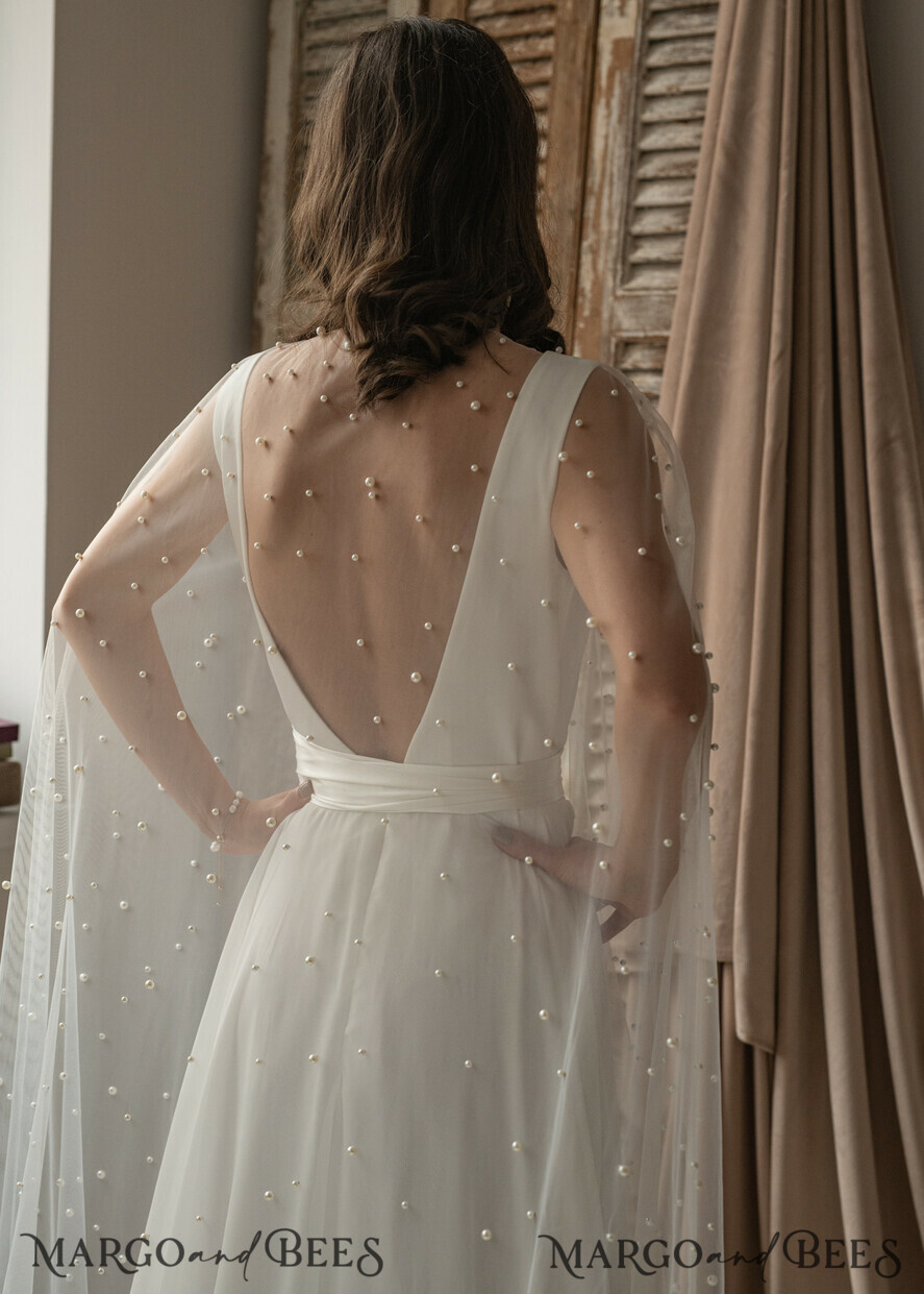 BRIDE bolero, robes, garter WEDDING BOLERO & SHRUGS Wedding Cape Pearls, Wedding Mesh Shrug, Bridal Beaded Tulle wedding Coverup, Wedding Dress Topper with pearls, Bridal Capelet mesh