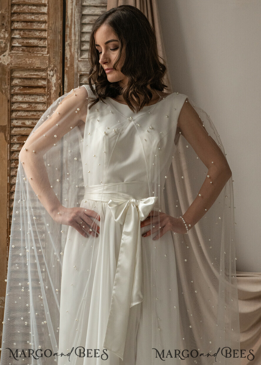 BRIDE bolero, robes, garter WEDDING BOLERO & SHRUGS Wedding Cape Pearls, Wedding Mesh Shrug, Bridal Beaded Tulle wedding Coverup, Wedding Dress Topper with pearls, Bridal Capelet mesh