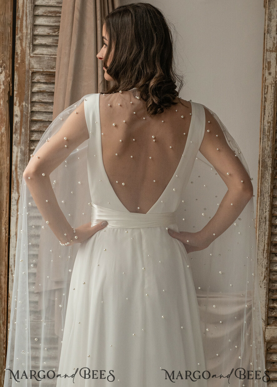 BRIDE bolero, robes, garter WEDDING BOLERO & SHRUGS Wedding Cape Pearls, Wedding Mesh Shrug, Bridal Beaded Tulle wedding Coverup, Wedding Dress Topper with pearls, Bridal Capelet mesh