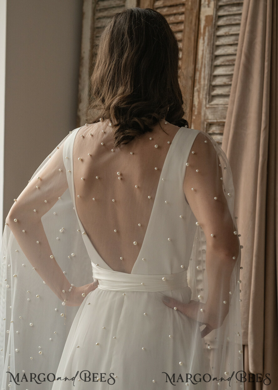 BRIDE bolero, robes, garter WEDDING BOLERO & SHRUGS Wedding Cape Pearls, Wedding Mesh Shrug, Bridal Beaded Tulle wedding Coverup, Wedding Dress Topper with pearls, Bridal Capelet mesh