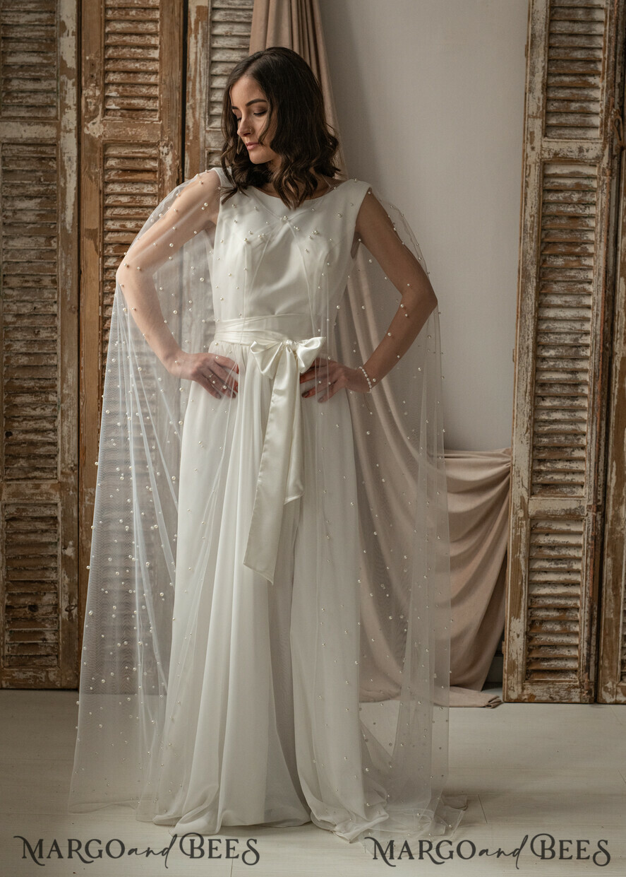 BRIDE bolero, robes, garter WEDDING BOLERO & SHRUGS Wedding Cape Pearls, Wedding Mesh Shrug, Bridal Beaded Tulle wedding Coverup, Wedding Dress Topper with pearls, Bridal Capelet mesh