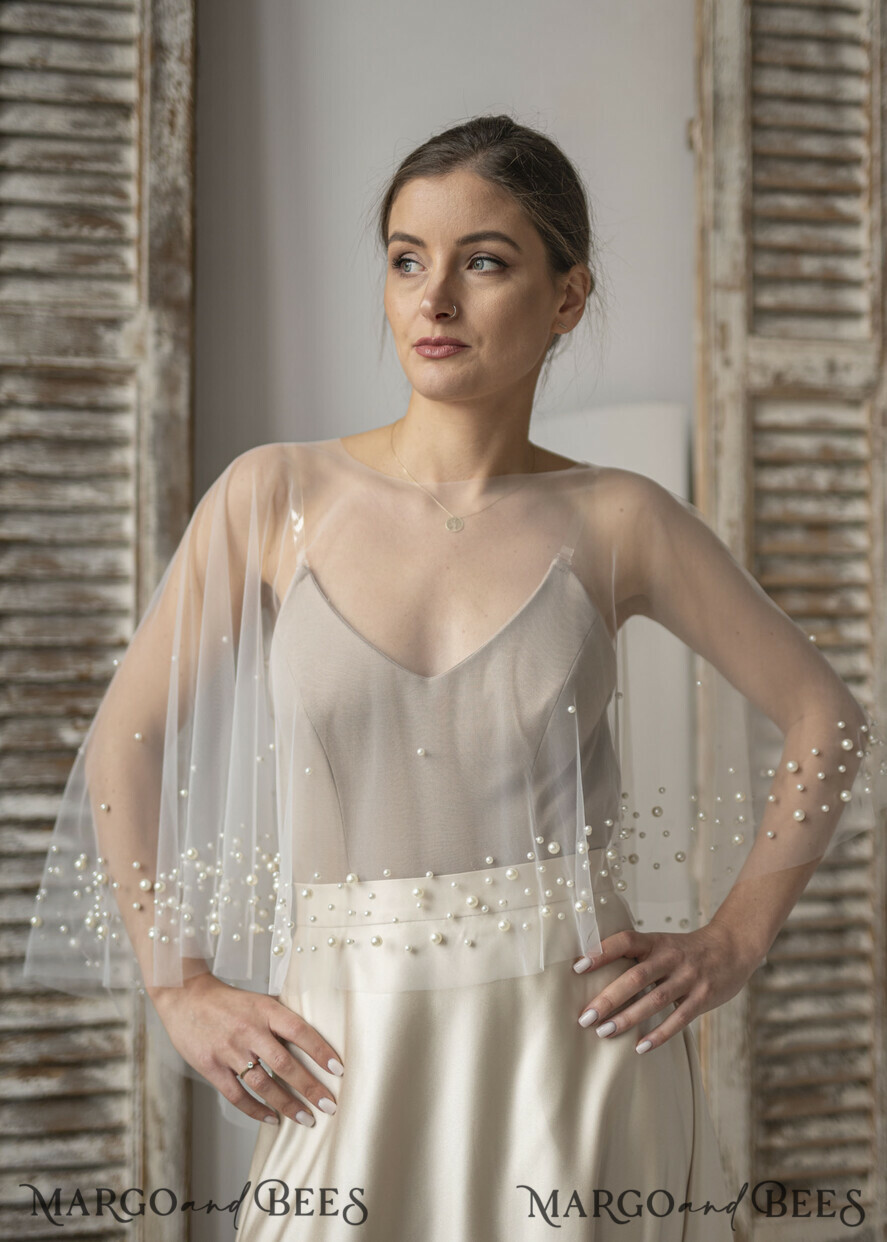BRIDE bolero, robes, garter WEDDING BOLERO & SHRUGS Wedding Cape Pearls, Wedding Mesh Shrug, Bridal Beaded Tulle wedding Coverup, Wedding Dress Topper with pearls, Bridal Capelet mesh