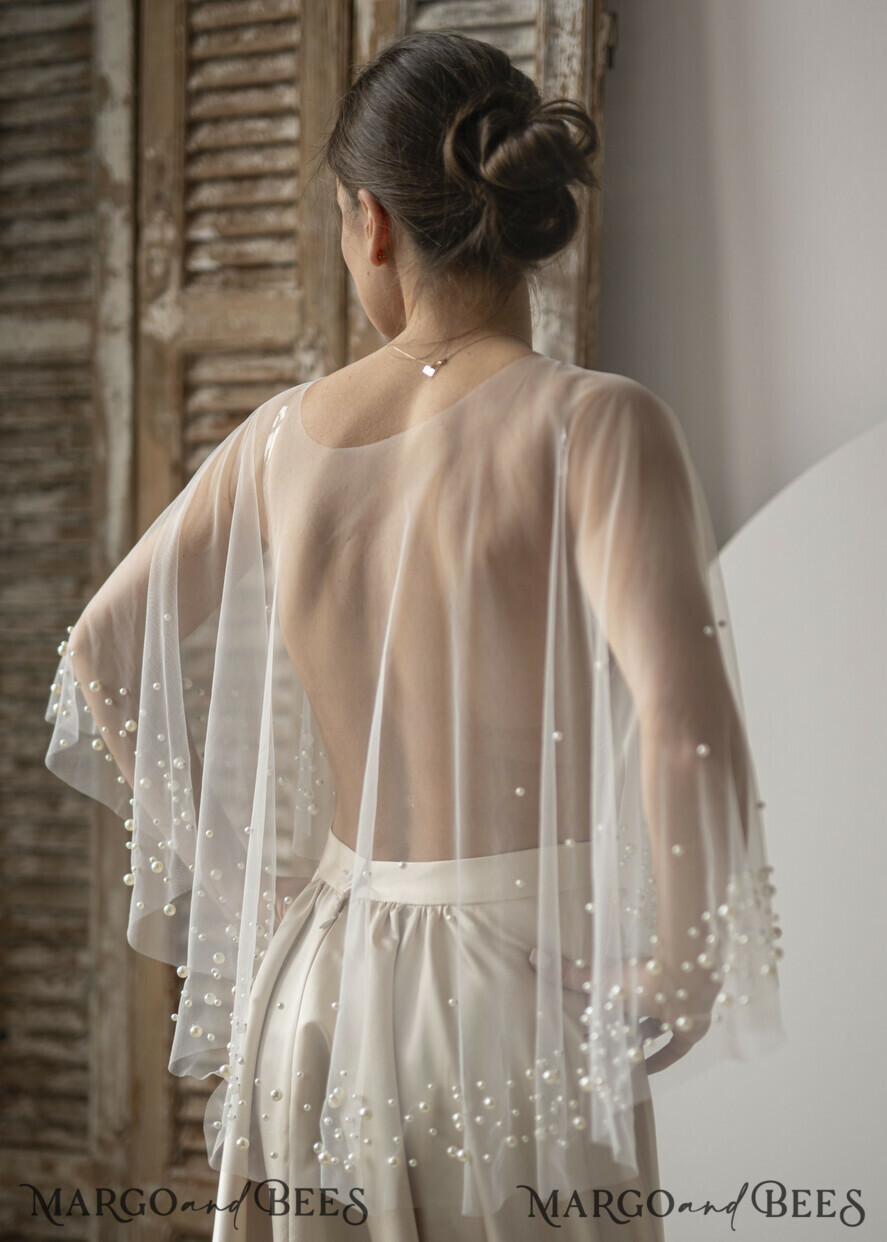 BRIDE bolero, robes, garter WEDDING BOLERO & SHRUGS Wedding Cape Pearls, Wedding Mesh Shrug, Bridal Beaded Tulle wedding Coverup, Wedding Dress Topper with pearls, Bridal Capelet mesh