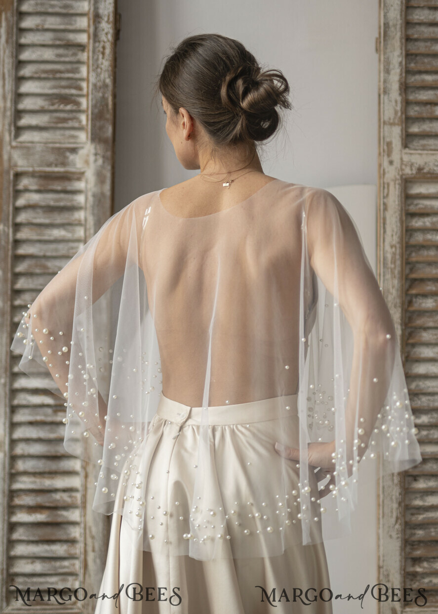 BRIDE bolero, robes, garter WEDDING BOLERO & SHRUGS Wedding Cape Pearls, Wedding Mesh Shrug, Bridal Beaded Tulle wedding Coverup, Wedding Dress Topper with pearls, Bridal Capelet mesh