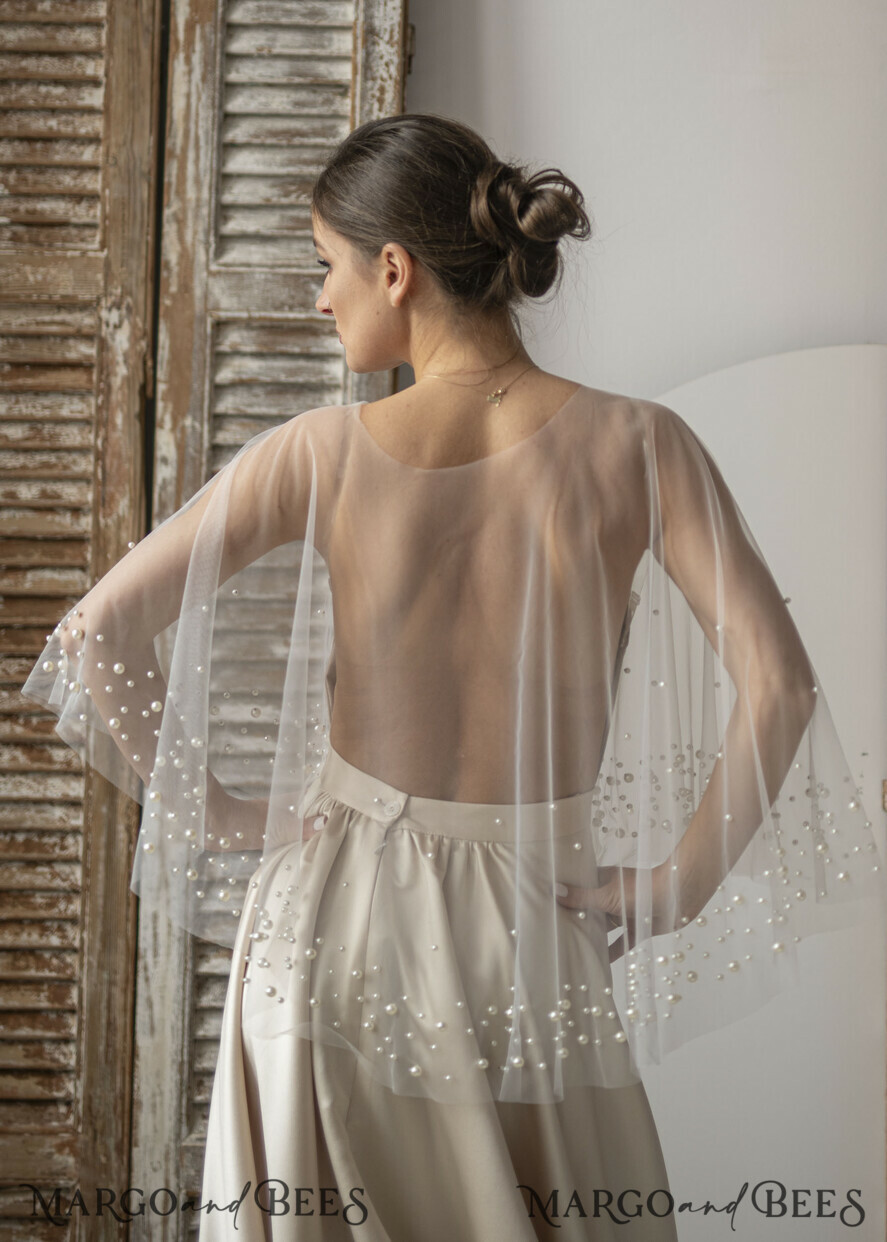BRIDE bolero, robes, garter WEDDING BOLERO & SHRUGS Wedding Cape Pearls, Wedding Mesh Shrug, Bridal Beaded Tulle wedding Coverup, Wedding Dress Topper with pearls, Bridal Capelet mesh