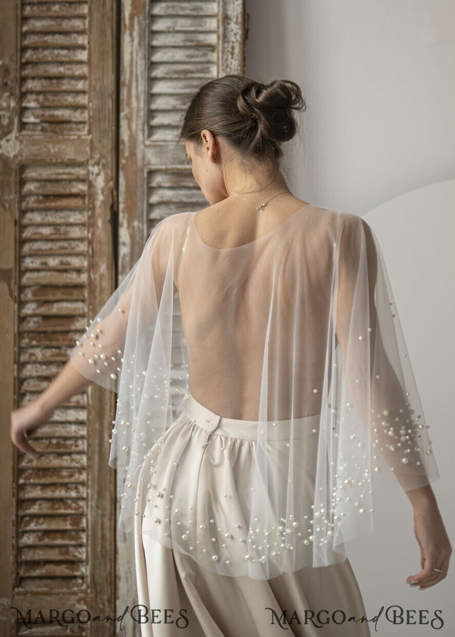 BRIDE bolero, robes, garter WEDDING BOLERO & SHRUGS Wedding Cape Pearls, Wedding Mesh Shrug, Bridal Beaded Tulle wedding Coverup, Wedding Dress Topper with pearls, Bridal Capelet mesh