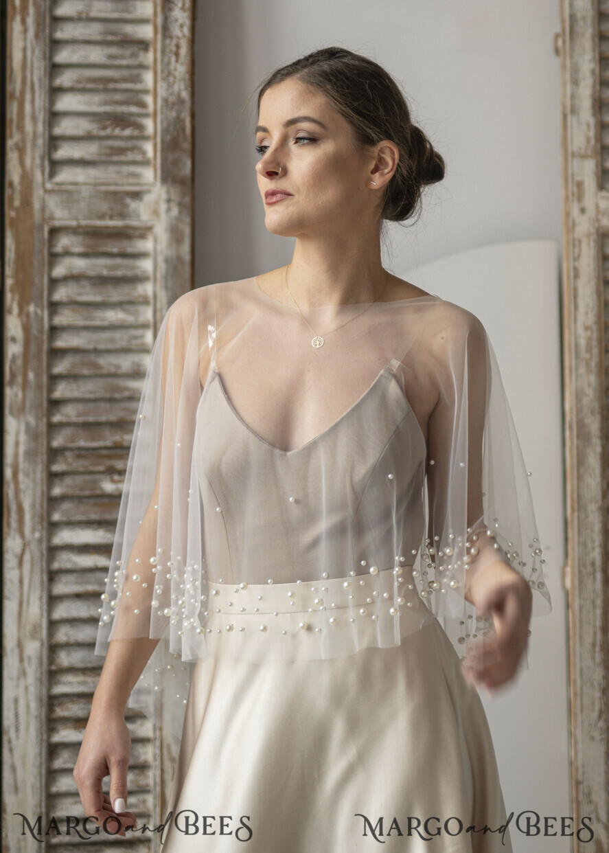 BRIDE bolero, robes, garter WEDDING BOLERO & SHRUGS Wedding Cape Pearls, Wedding Mesh Shrug, Bridal Beaded Tulle wedding Coverup, Wedding Dress Topper with pearls, Bridal Capelet mesh