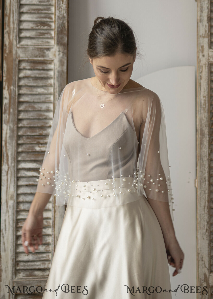 BRIDE bolero, robes, garter WEDDING BOLERO & SHRUGS Wedding Cape Pearls, Wedding Mesh Shrug, Bridal Beaded Tulle wedding Coverup, Wedding Dress Topper with pearls, Bridal Capelet mesh