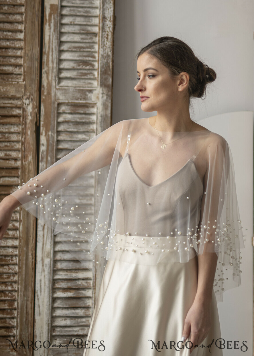 BRIDE bolero, robes, garter WEDDING BOLERO & SHRUGS Wedding Cape Pearls, Wedding Mesh Shrug, Bridal Beaded Tulle wedding Coverup, Wedding Dress Topper with pearls, Bridal Capelet mesh