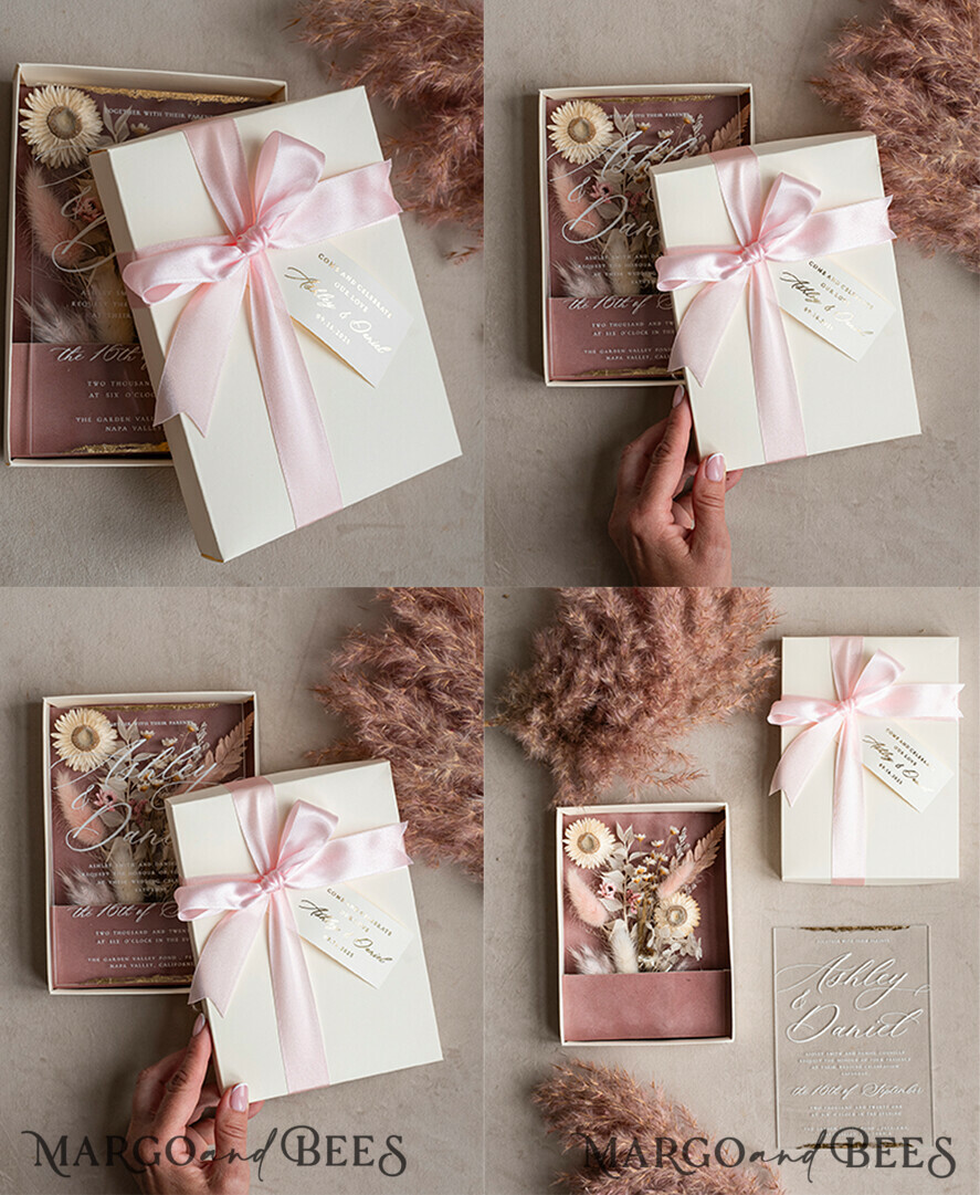 WEDDING INVITATIONS Invitations for VIP/ boxed Invites for Parents Natural Dried Flowers Wedding Invitations in velvet box, Plexi Glamour Boxed Wedding Invitation Suite Luxury, Romantic Velvet Wedding Cards, Bespoke Golden Invites