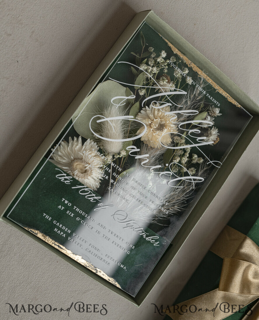 WEDDING INVITATIONS Invitations for VIP/ boxed Invites for Parents Natural Dried Flowers Wedding Invitations in velvet box, Plexi Glamour Boxed Wedding Invitation Suite Luxury, Romantic Velvet Wedding Cards, Bespoke Golden Invites