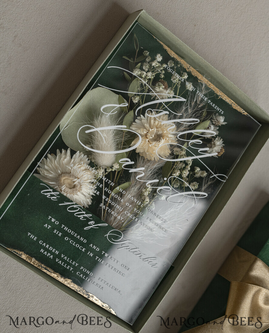 WEDDING INVITATIONS Invitations for VIP/ boxed Invites for Parents Natural Dried Flowers Wedding Invitations in velvet box, Plexi Glamour Boxed Wedding Invitation Suite Luxury, Romantic Velvet Wedding Cards, Bespoke Golden Invites