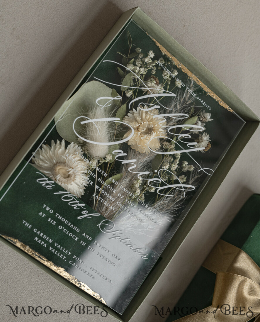 WEDDING INVITATIONS Invitations for VIP/ boxed Invites for Parents Natural Dried Flowers Wedding Invitations in velvet box, Plexi Glamour Boxed Wedding Invitation Suite Luxury, Romantic Velvet Wedding Cards, Bespoke Golden Invites