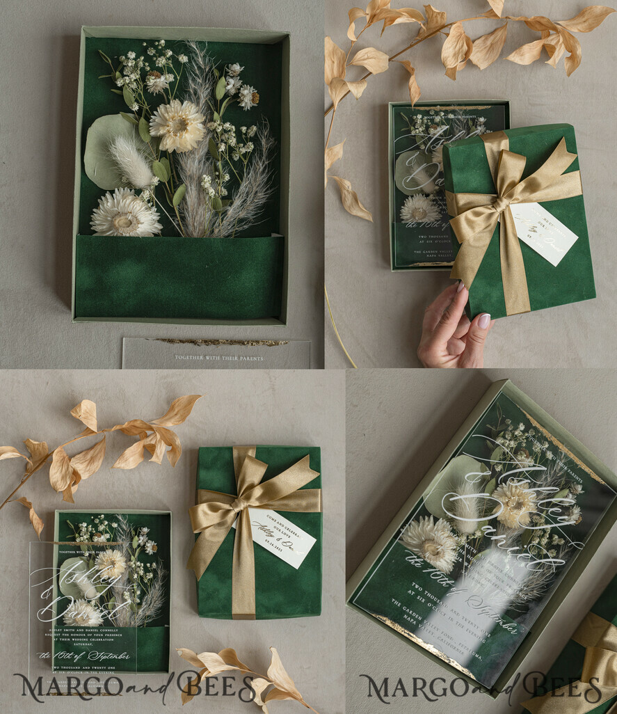 WEDDING INVITATIONS Invitations for VIP/ boxed Invites for Parents Natural Dried Flowers Wedding Invitations in velvet box, Plexi Glamour Boxed Wedding Invitation Suite Luxury, Romantic Velvet Wedding Cards, Bespoke Golden Invites