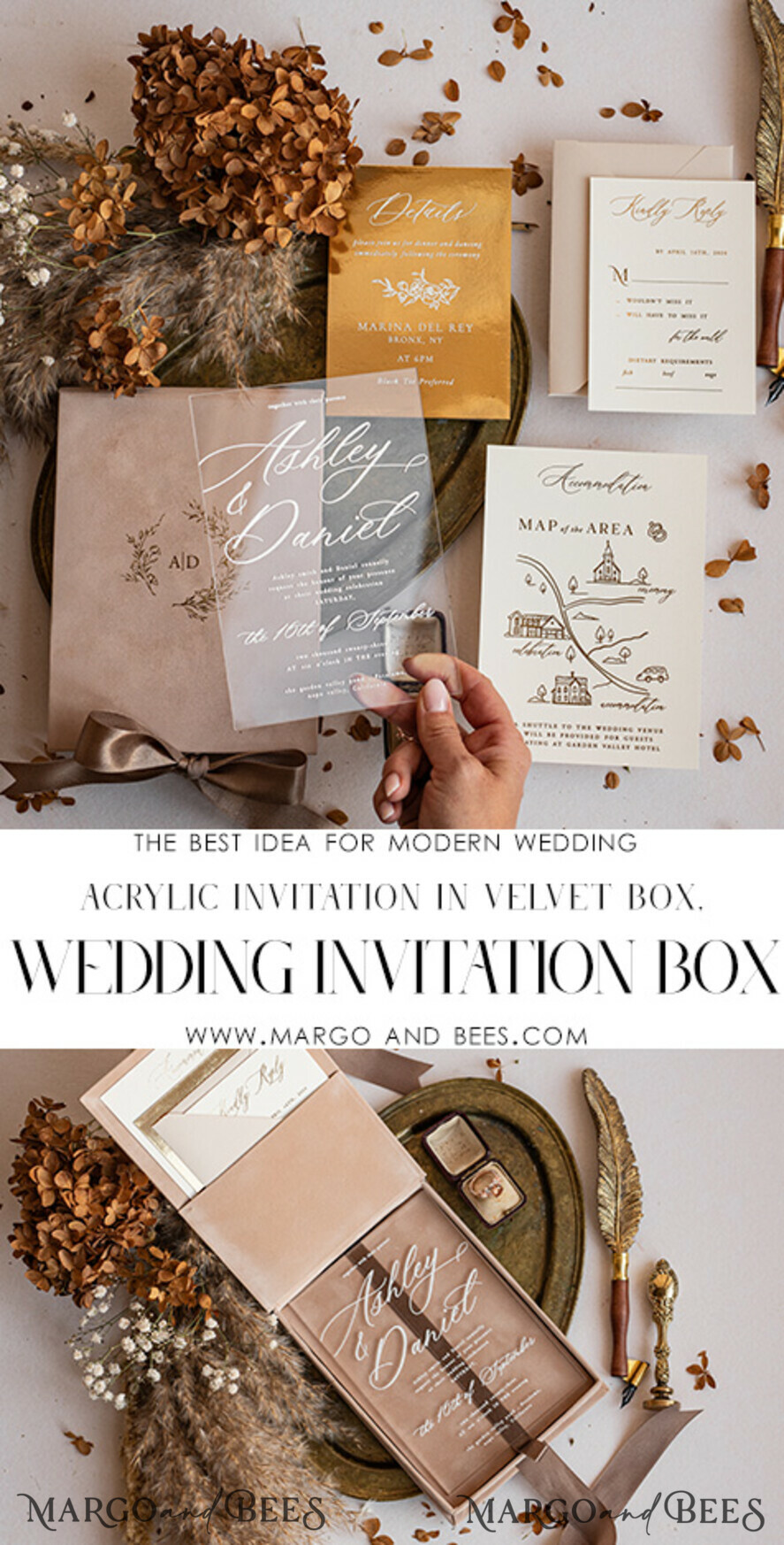 WEDDING INVITATIONS Invitations for VIP/ boxed Invites for Parents Luxury Gold Foil Wedding Invitations in velvet box, Plexi Glamour Wedding Invitation Suite Luxury Box, Romantic Velvet Wedding Cards, Bespoke Golden Invites