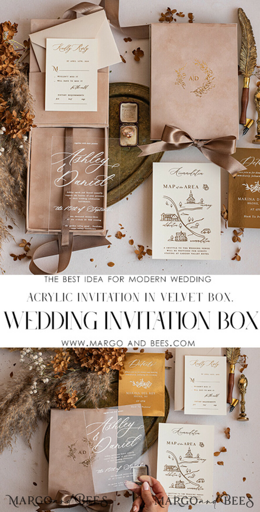 WEDDING INVITATIONS Invitations for VIP/ boxed Invites for Parents Luxury Gold Foil Wedding Invitations in velvet box, Plexi Glamour Wedding Invitation Suite Luxury Box, Romantic Velvet Wedding Cards, Bespoke Golden Invites