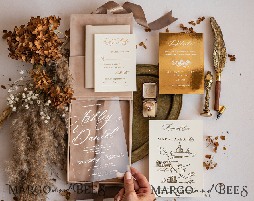WEDDING INVITATIONS Invitations for VIP/ boxed Invites for Parents Luxury Gold Foil Wedding Invitations in velvet box, Plexi Glamour Wedding Invitation Suite Luxury Box, Romantic Velvet Wedding Cards, Bespoke Golden Invites
