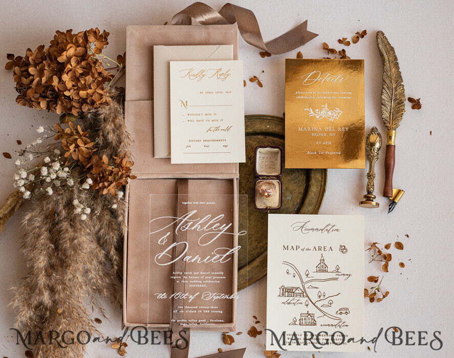 WEDDING INVITATIONS Invitations for VIP/ boxed Invites for Parents Luxury Gold Foil Wedding Invitations in velvet box, Plexi Glamour Wedding Invitation Suite Luxury Box, Romantic Velvet Wedding Cards, Bespoke Golden Invites