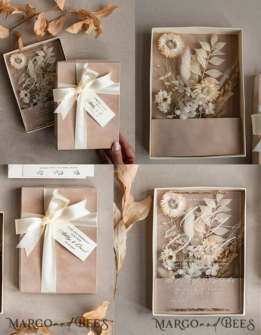 WEDDING INVITATIONS Invitations for VIP/ boxed Invites for Parents Natural Dried Flowers Wedding Invitations in velvet box, Plexi Glamour Boxed Wedding Invitation Suite Luxury, Romantic Velvet Wedding Cards, Bespoke Golden Invites