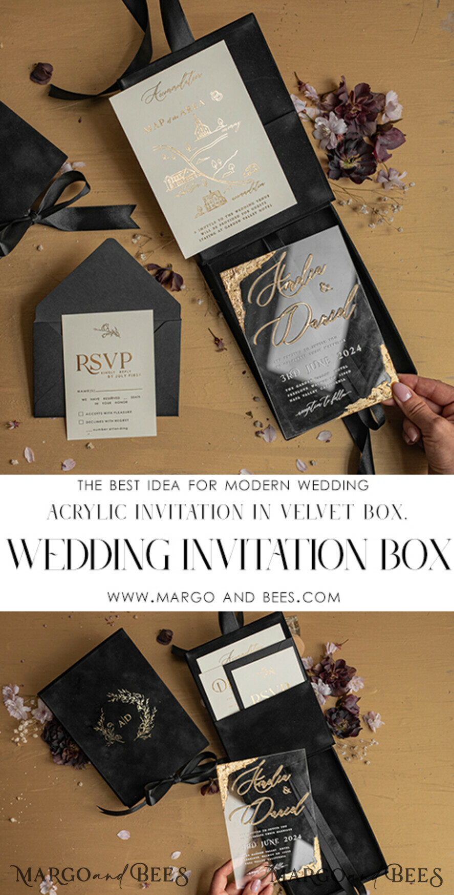 WEDDING INVITATIONS Invitations for VIP/ boxed Invites for Parents Black Boxed Wedding Invitation set ,3D Golden Plexi Wedding Invitation Suite Luxury Box, Elegant Boho Velvet Wedding Cards, Bespoke Golden Invites