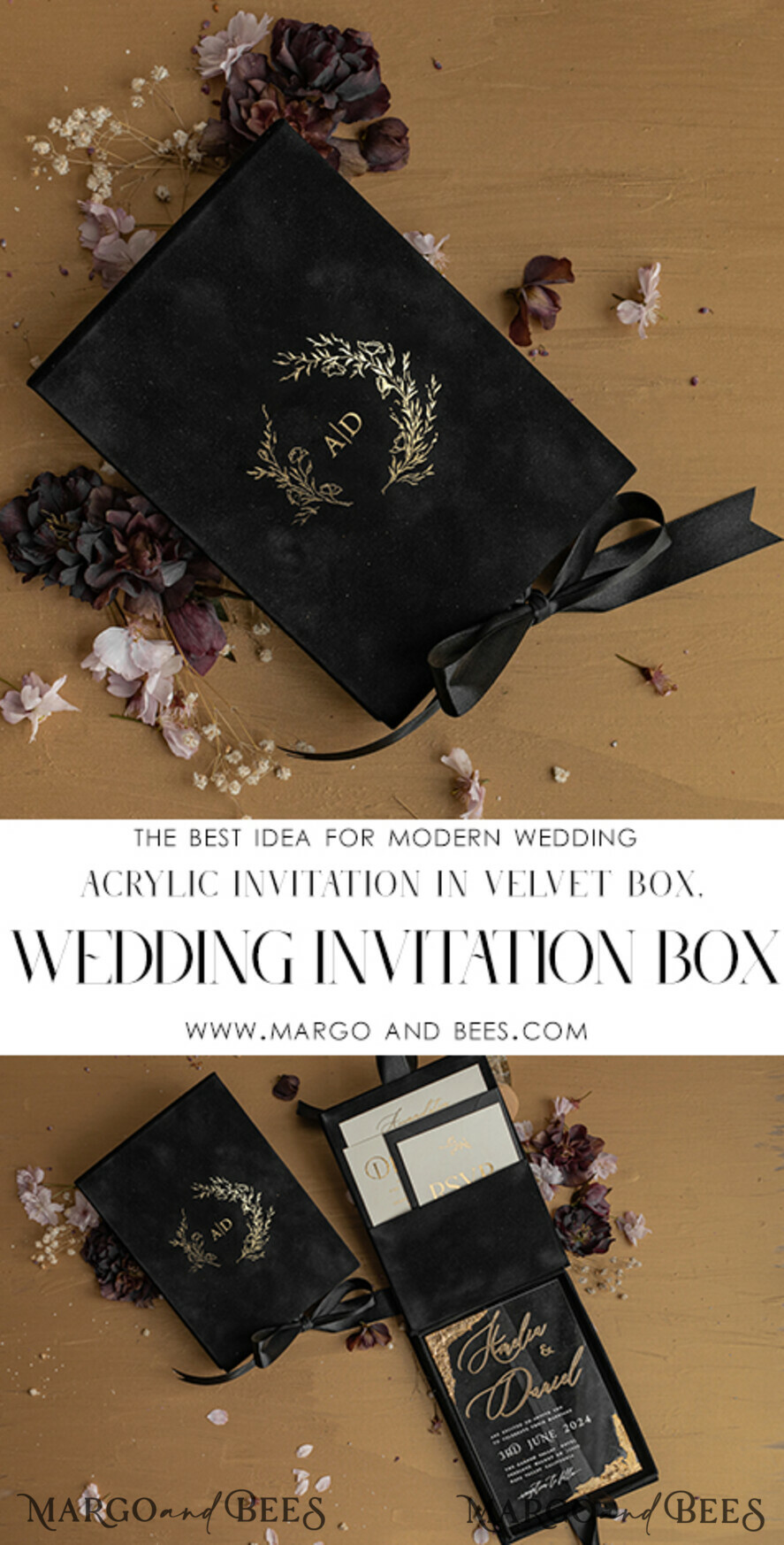 WEDDING INVITATIONS Invitations for VIP/ boxed Invites for Parents Black Boxed Wedding Invitation set ,3D Golden Plexi Wedding Invitation Suite Luxury Box, Elegant Boho Velvet Wedding Cards, Bespoke Golden Invites