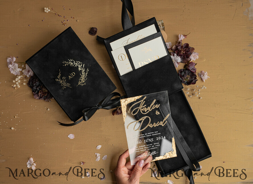 WEDDING INVITATIONS Invitations for VIP/ boxed Invites for Parents Black Boxed Wedding Invitation set ,3D Golden Plexi Wedding Invitation Suite Luxury Box, Elegant Boho Velvet Wedding Cards, Bespoke Golden Invites