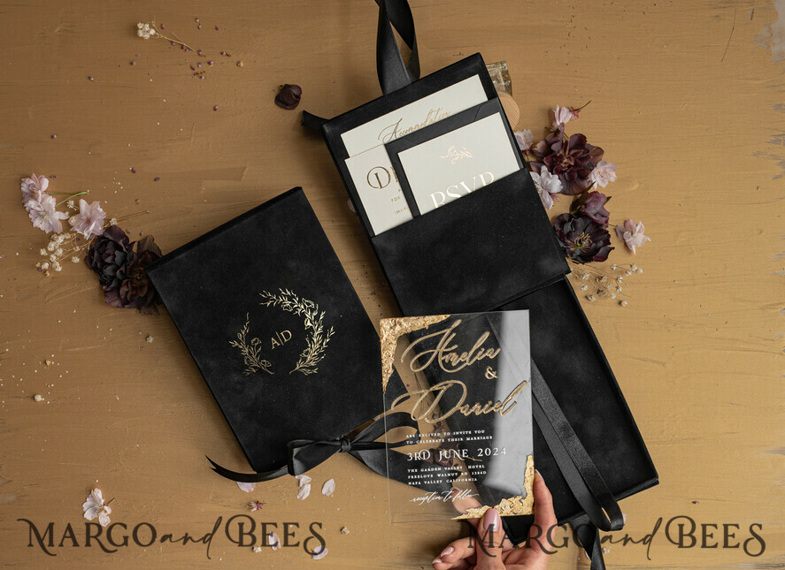 WEDDING INVITATIONS Invitations for VIP/ boxed Invites for Parents Black Boxed Wedding Invitation set ,3D Golden Plexi Wedding Invitation Suite Luxury Box, Elegant Boho Velvet Wedding Cards, Bespoke Golden Invites