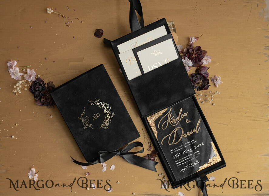 WEDDING INVITATIONS Invitations for VIP/ boxed Invites for Parents Black Boxed Wedding Invitation set ,3D Golden Plexi Wedding Invitation Suite Luxury Box, Elegant Boho Velvet Wedding Cards, Bespoke Golden Invites