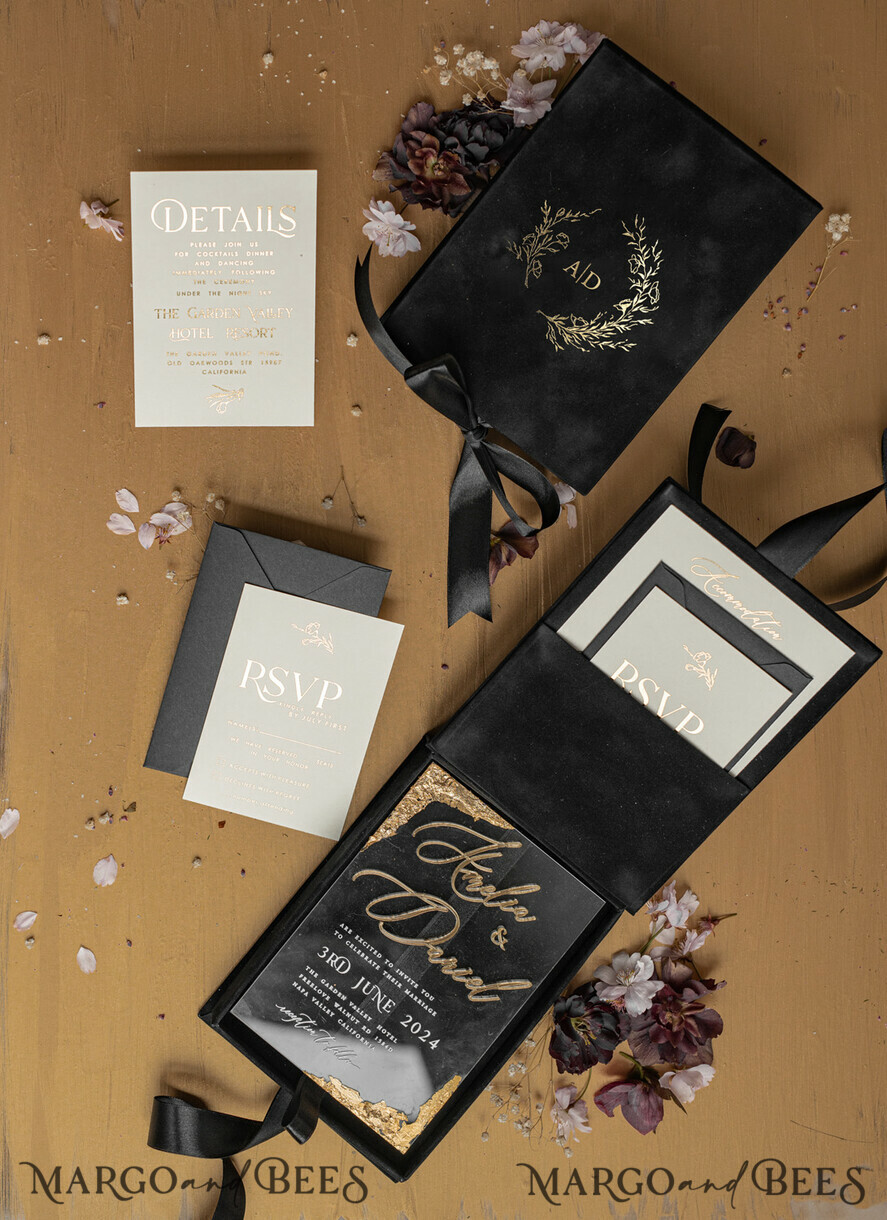 WEDDING INVITATIONS Invitations for VIP/ boxed Invites for Parents Black Boxed Wedding Invitation set ,3D Golden Plexi Wedding Invitation Suite Luxury Box, Elegant Boho Velvet Wedding Cards, Bespoke Golden Invites