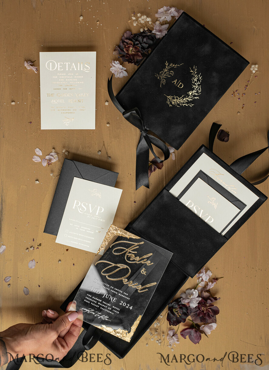 WEDDING INVITATIONS Invitations for VIP/ boxed Invites for Parents Black Boxed Wedding Invitation set ,3D Golden Plexi Wedding Invitation Suite Luxury Box, Elegant Boho Velvet Wedding Cards, Bespoke Golden Invites