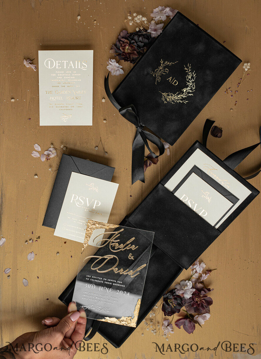 WEDDING INVITATIONS Invitations for VIP/ boxed Invites for Parents Black Boxed Wedding Invitation set ,3D Golden Plexi Wedding Invitation Suite Luxury Box, Elegant Boho Velvet Wedding Cards, Bespoke Golden Invites
