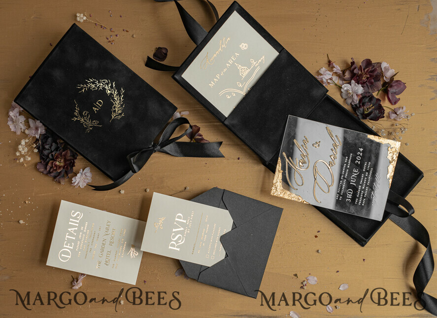 WEDDING INVITATIONS Invitations for VIP/ boxed Invites for Parents Black Boxed Wedding Invitation set ,3D Golden Plexi Wedding Invitation Suite Luxury Box, Elegant Boho Velvet Wedding Cards, Bespoke Golden Invites