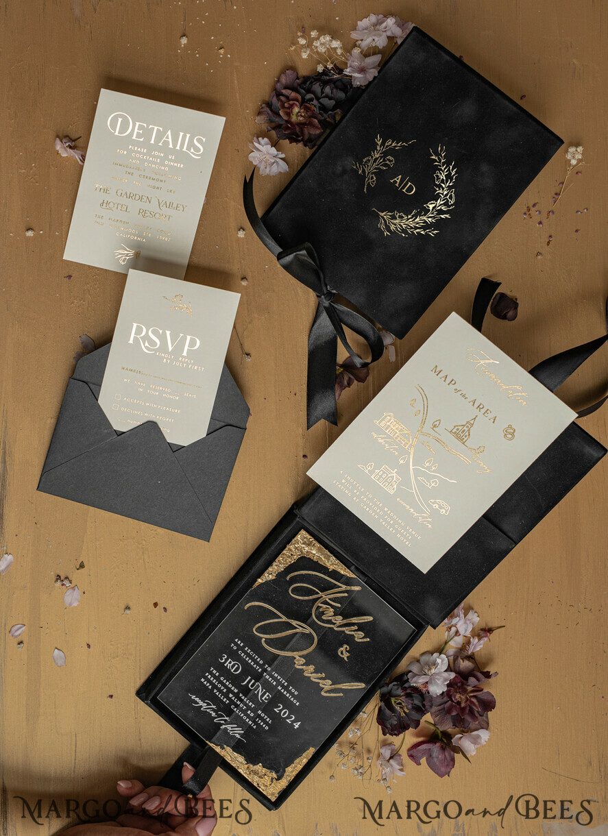 WEDDING INVITATIONS Invitations for VIP/ boxed Invites for Parents Black Boxed Wedding Invitation set ,3D Golden Plexi Wedding Invitation Suite Luxury Box, Elegant Boho Velvet Wedding Cards, Bespoke Golden Invites