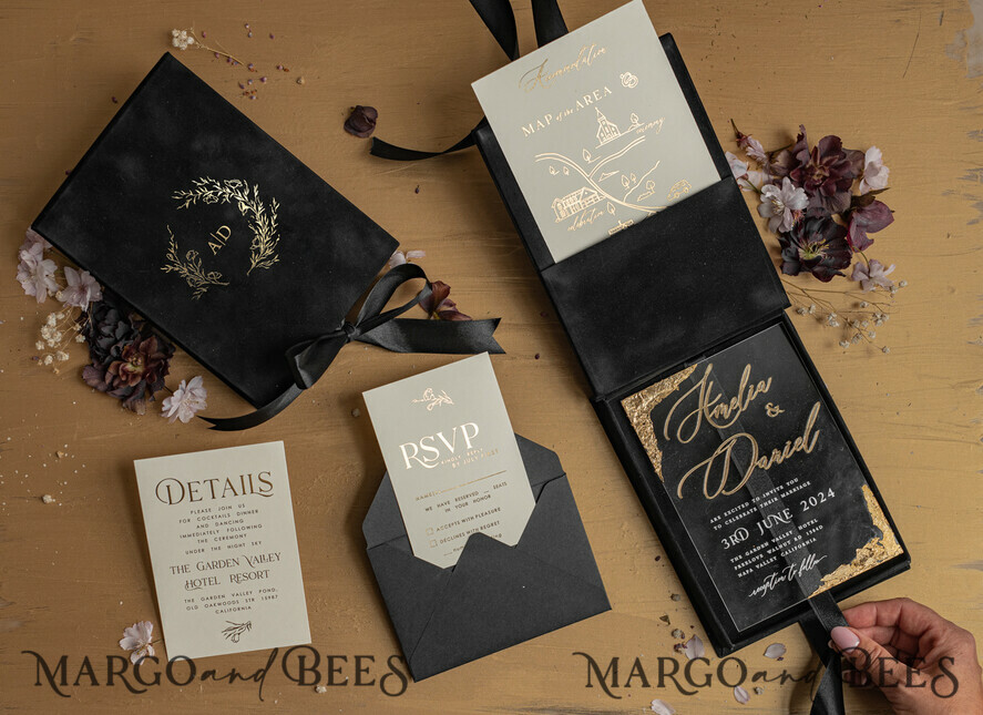 WEDDING INVITATIONS Invitations for VIP/ boxed Invites for Parents Black Boxed Wedding Invitation set ,3D Golden Plexi Wedding Invitation Suite Luxury Box, Elegant Boho Velvet Wedding Cards, Bespoke Golden Invites