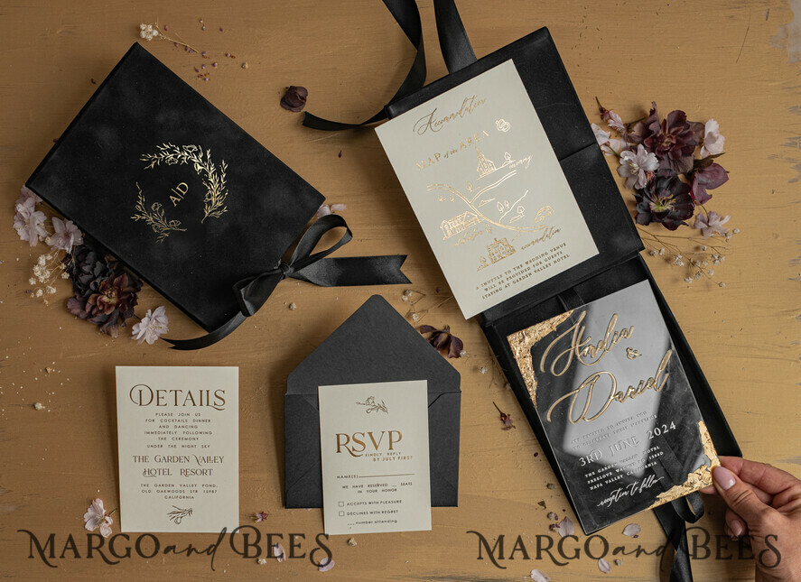 WEDDING INVITATIONS Invitations for VIP/ boxed Invites for Parents Black Boxed Wedding Invitation set ,3D Golden Plexi Wedding Invitation Suite Luxury Box, Elegant Boho Velvet Wedding Cards, Bespoke Golden Invites
