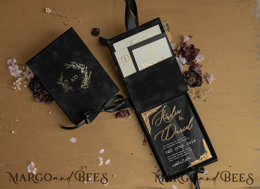 WEDDING INVITATIONS Invitations for VIP/ boxed Invites for Parents Black Boxed Wedding Invitation set ,3D Golden Plexi Wedding Invitation Suite Luxury Box, Elegant Boho Velvet Wedding Cards, Bespoke Golden Invites