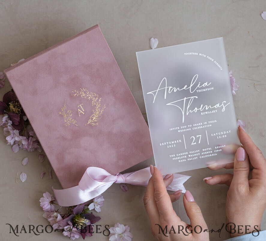 WEDDING INVITATIONS Invitations for VIP/ boxed Invites for Parents Acrylic Wedding Invitations in velvet box, Frozen Plexi Glamour Wedding Invitation Suite Luxury Box, Elegant Velvet Wedding Cards, Bespoke Golden Invites