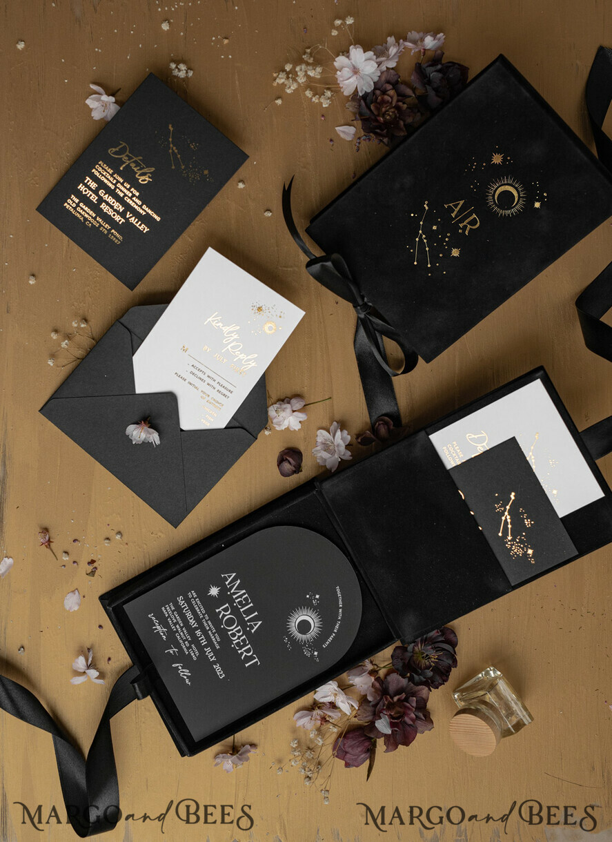 WEDDING INVITATIONS Invitations for VIP/ boxed Invites for Parents Arch Acrylic Wedding Invitations in velvet box, Black Plexi Glamour Wedding Invitation Suite Luxury Box, Moon Stars Elegant Velvet Wedding Cards