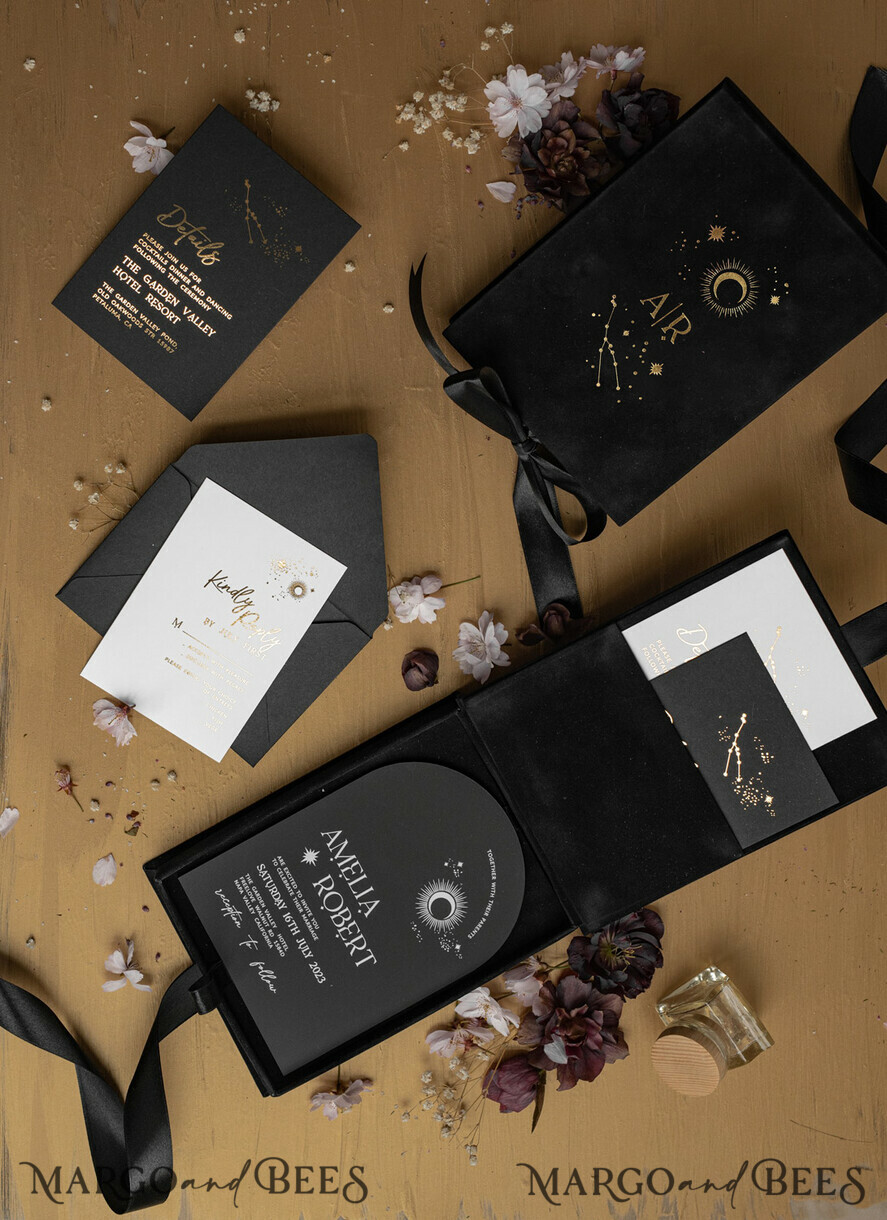 WEDDING INVITATIONS Invitations for VIP/ boxed Invites for Parents Arch Acrylic Wedding Invitations in velvet box, Black Plexi Glamour Wedding Invitation Suite Luxury Box, Moon Stars Elegant Velvet Wedding Cards