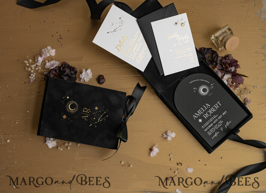 WEDDING INVITATIONS Invitations for VIP/ boxed Invites for Parents Arch Acrylic Wedding Invitations in velvet box, Black Plexi Glamour Wedding Invitation Suite Luxury Box, Moon Stars Elegant Velvet Wedding Cards
