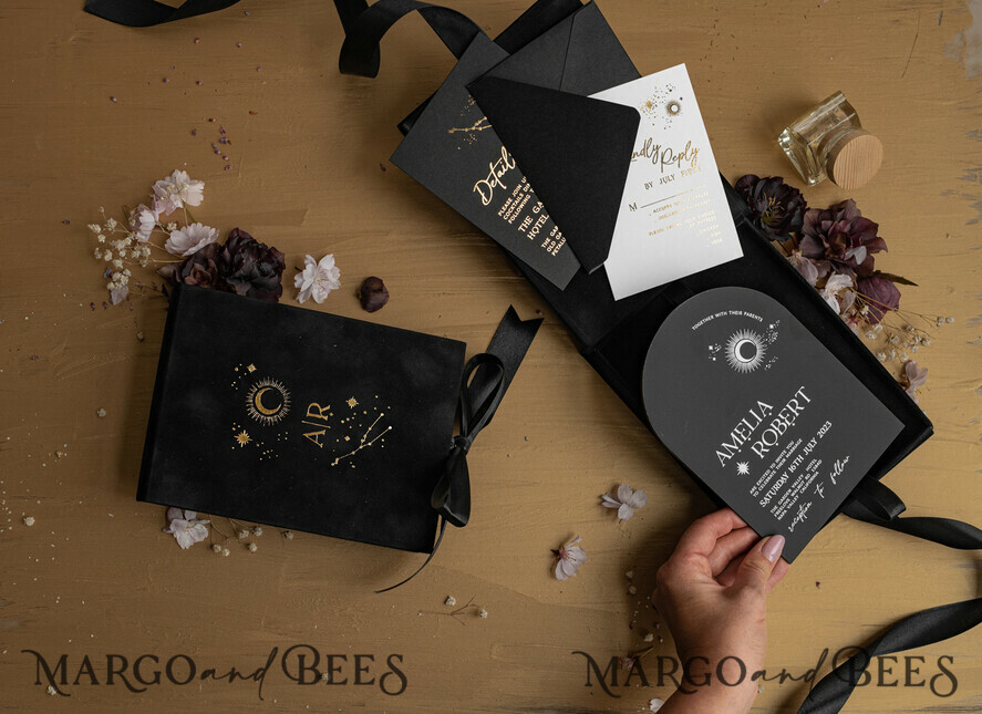 WEDDING INVITATIONS Invitations for VIP/ boxed Invites for Parents Arch Acrylic Wedding Invitations in velvet box, Black Plexi Glamour Wedding Invitation Suite Luxury Box, Moon Stars Elegant Velvet Wedding Cards