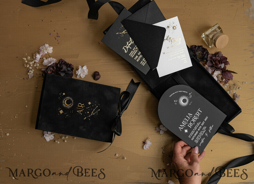 WEDDING INVITATIONS Invitations for VIP/ boxed Invites for Parents Arch Acrylic Wedding Invitations in velvet box, Black Plexi Glamour Wedding Invitation Suite Luxury Box, Moon Stars Elegant Velvet Wedding Cards
