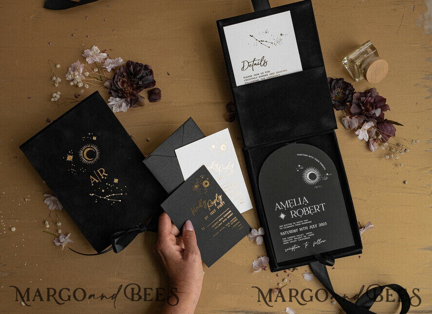 WEDDING INVITATIONS Invitations for VIP/ boxed Invites for Parents Arch Acrylic Wedding Invitations in velvet box, Black Plexi Glamour Wedding Invitation Suite Luxury Box, Moon Stars Elegant Velvet Wedding Cards