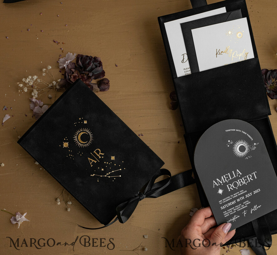 WEDDING INVITATIONS Invitations for VIP/ boxed Invites for Parents Arch Acrylic Wedding Invitations in velvet box, Black Plexi Glamour Wedding Invitation Suite Luxury Box, Moon Stars Elegant Velvet Wedding Cards